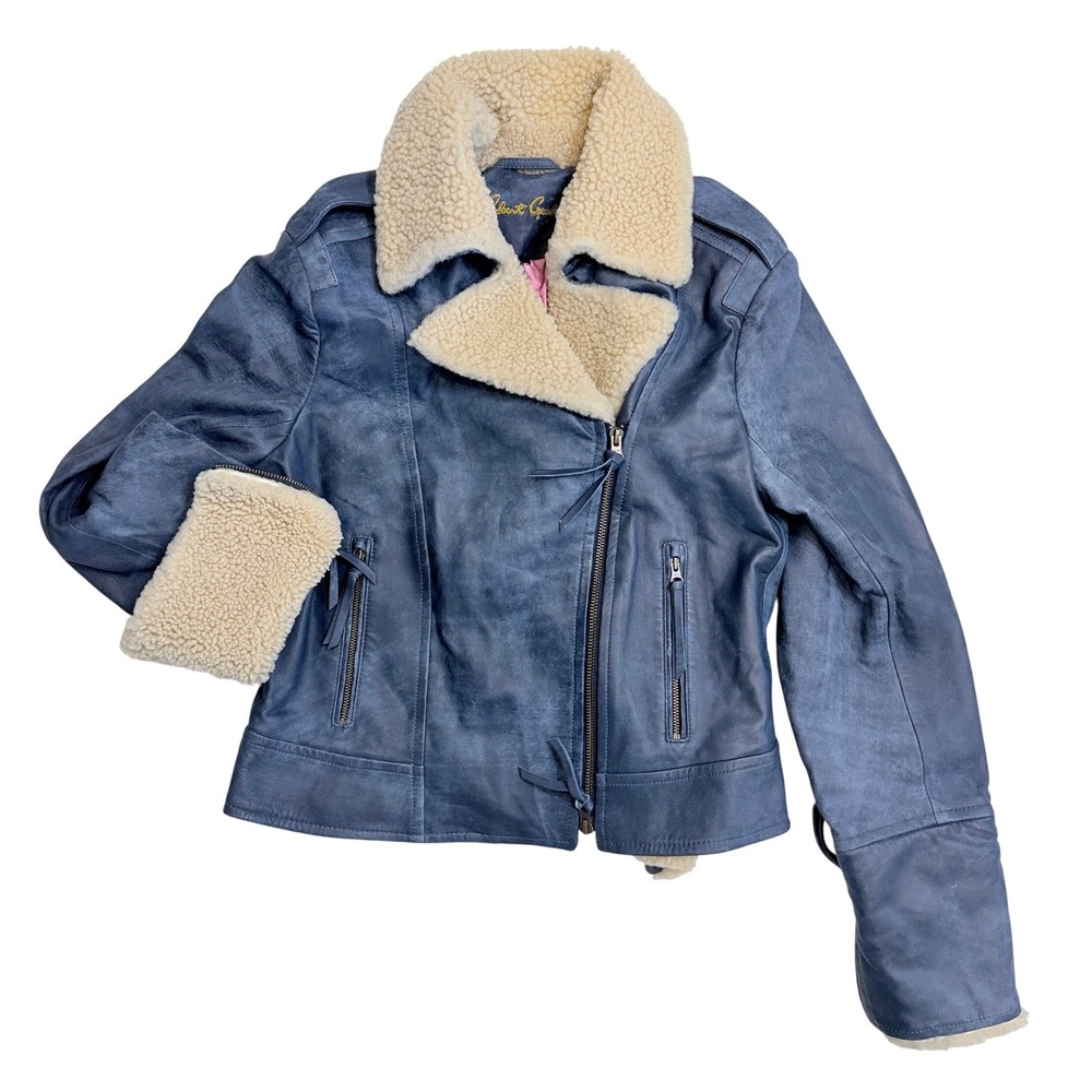 Robert Graham Izzy Moto Jacket Women M Navy Blue Shearling Trim Leather $998